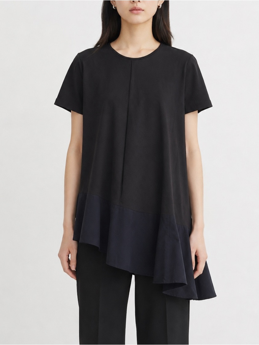 COS Black Navy Asymmetrical Ruffle Hem Mixed Fabric Short Sleeve Top S EUC